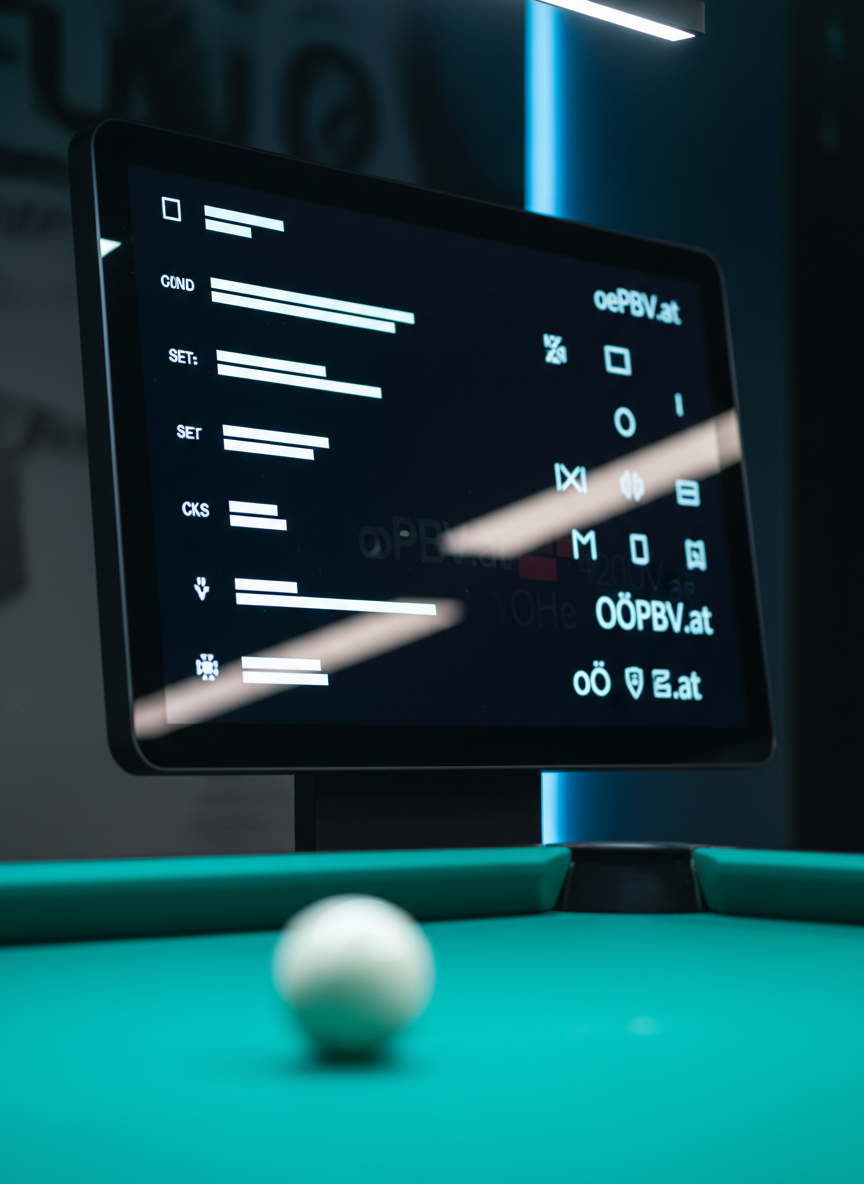 Eine elegante Nahaufnahme eines Scoreboards neben einem Billardtisch im BLZ Gallneukirchen: Ein modernes, rahmenloses Anzeigeboard mit abstrakten Balken und Symbolen für Punkte, Sätze und Ränge, bewusst ohne lesbare Zahlen oder Text. Im Vordergrund verschwimmt die Kante des grünbezogenen Tisches, eine einzelne weiße Spielkugel liegt in unscharfer Nähe. Die Reflektionen auf dem Board lassen angedeutete Logos und Verbindungen zu Verbandsseiten wie oePBV.at und OÖPBV.at erahnen, ohne sie direkt lesbar zu machen. Kühle, gerichtete LED-Beleuchtung von oben und rechts erzeugt leichte Glanzlichter und einen sportlich-technischen Charakter. Aufgenommen aus schräger Seitenperspektive, mittlere Tiefenschärfe, fotorealistisch, klar und modern.