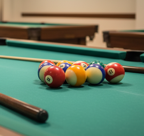 Ein professioneller Billardtisch mit sattgrünem Tuch, perfekt ausgerichteten, glänzenden Poolkugeln im Dreieck und zwei edlen Holzqueues, die parallel auf der Seitenbande liegen. Die Szene spielt in einem modernen Vereinslokal in Gallneukirchen, mit dezent beleuchteten weiteren Tischen im Hintergrund. Neutrale Wandfarben, dezente Vereinsdekoration und eine unaufdringliche Tafel mit der Adresse des BLZ Gallneukirchen im Hintergrund, jedoch ohne lesbaren Text. Gleichmäßig warmes Deckenlicht erzeugt klare Reflexe auf den Kugeln und sanfte Schatten auf dem Tuch. Leicht erhöhte Kameraperspektive, scharfer Fokus auf dem vorderen Tisch, Hintergrund weich verschwommen. Fotorealistische, klare, professionelle Bildästhetik für eine seriöse Vereinsstartseite.